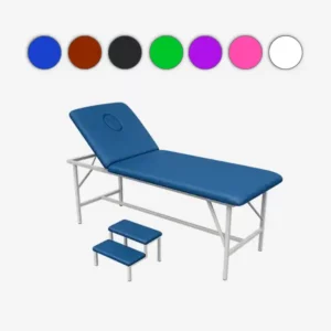 Table de massage professionnelle bleue avec dossier réglable et escabeau assorti – idéale pour hijama, soins esthétiques et bien-être