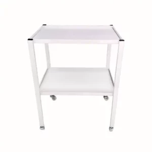 Chariot guéridon médical à 2 plateaux (verre ou bois) – Structure en fer forgé avec roulettes, idéal pour cabinets, cliniques et instituts de beauté – Dimensions 60×40×H80 cm